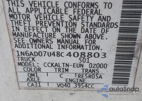 2008 Nissan Frontier Se z USA, uszkodzony, nr VIN 1N6AD07U48C408803